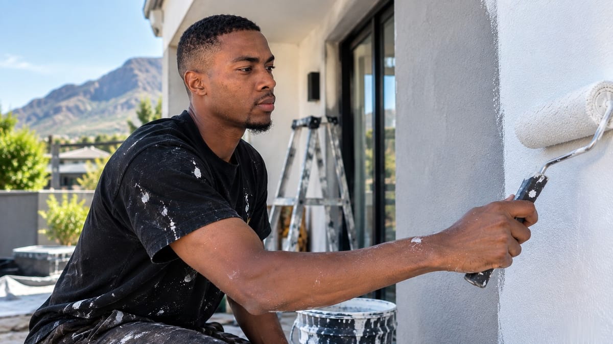 Elton Faduco rolling a coat onto an exterior wall, mountains in the background